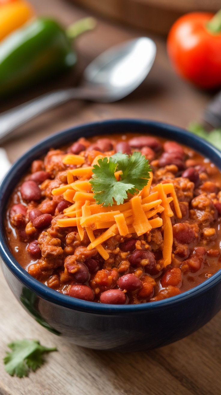Bowl of homemade chili topped with cheese and cilantro.
