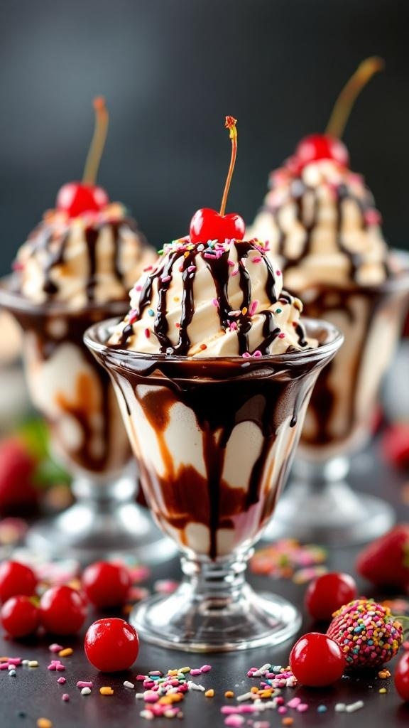 Delicious homemade ice cream sundaes with chocolate syrup, whipped cream, sprinkles, and cherries