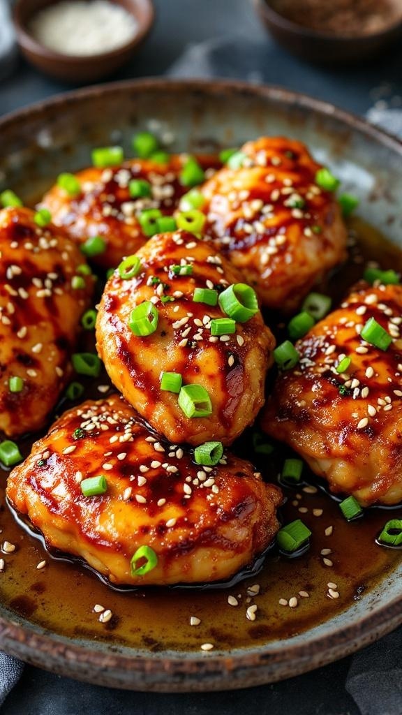 Honey Garlic Soy Glazed Chicken Thighs served on a plate with green onions and sesame seeds