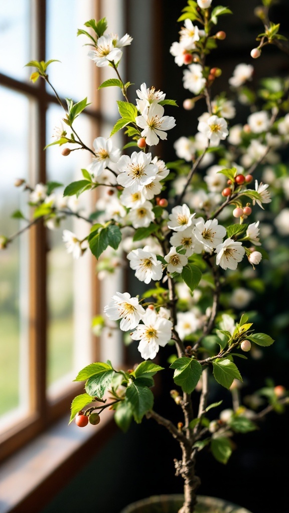 Indoor cherry tree with white blossoms and red cherries near a window