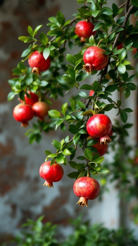 Indoor pomegranate tree with bright red fruits hanging from its branches