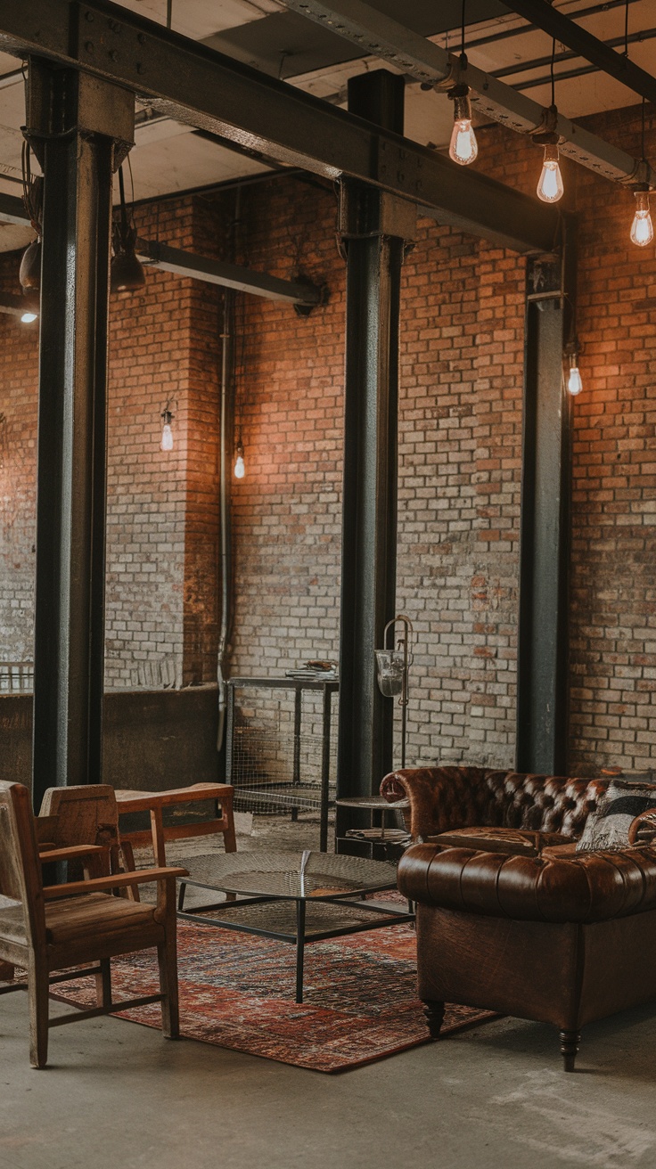 A cozy industrial-style living area with exposed brick walls, metal beams, leather furniture, and warm lighting.