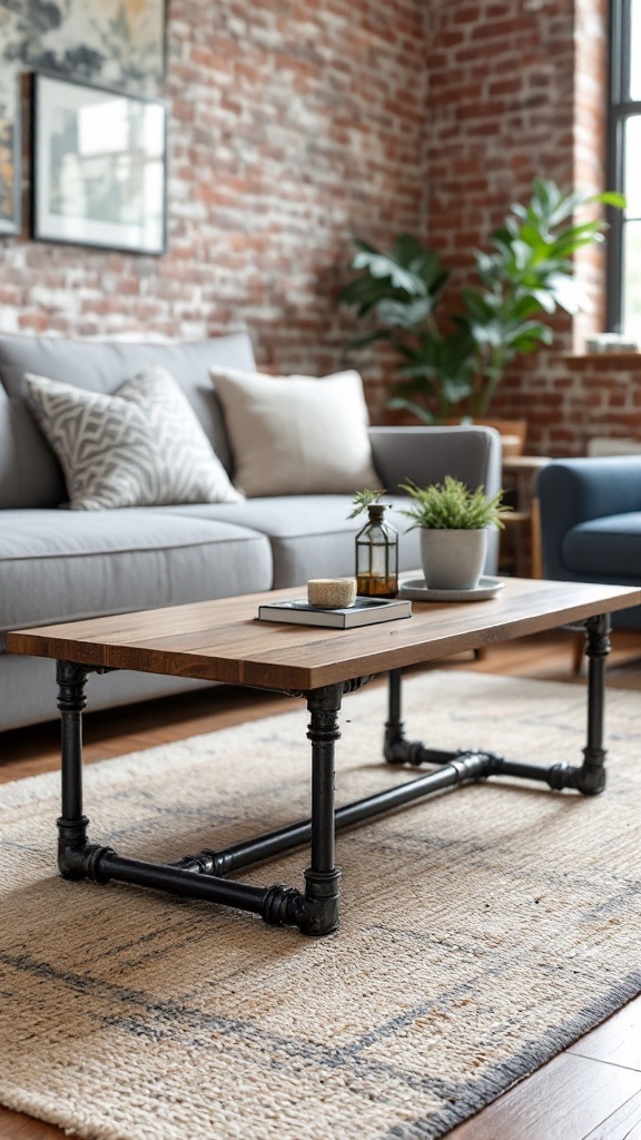 A coffee table with a wooden top and industrial pipe frame, set against a brick wall.