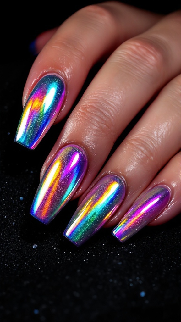 Colorful iridescent nails displayed on a reflective surface.