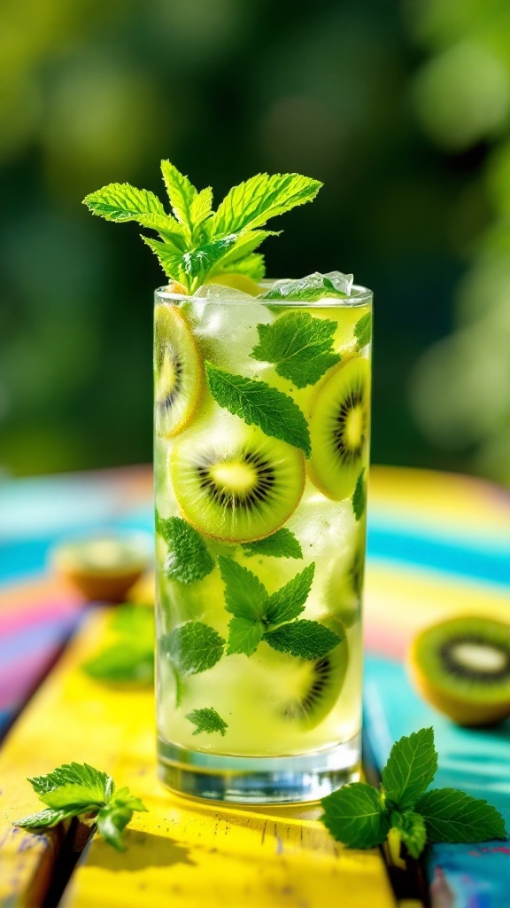 A refreshing Kiwi Mojito cocktail with mint and kiwi slices garnished with a striped straw.