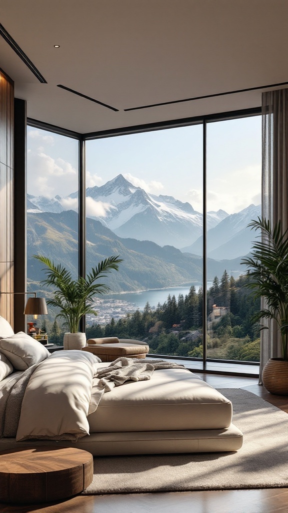 A modern luxury bedroom with large windows showcasing a mountain view.