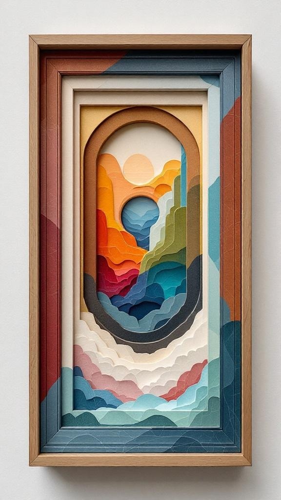 A layered shadow box frame depicting a serene landscape with mountains and a glowing sun.