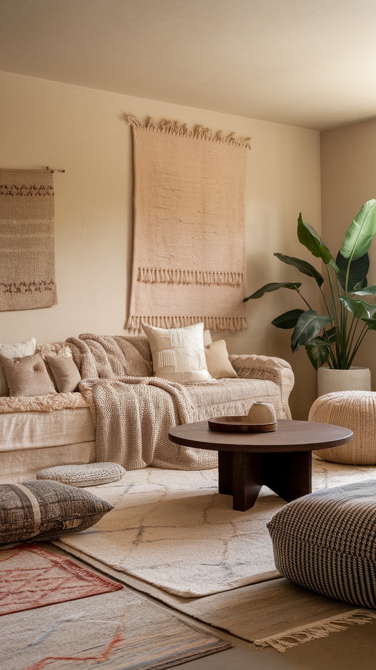 A cozy living room featuring layered textures with various fabrics, including a plush sofa with throw blankets, decorative cushions, and a wooden coffee table surrounded by patterned rugs.