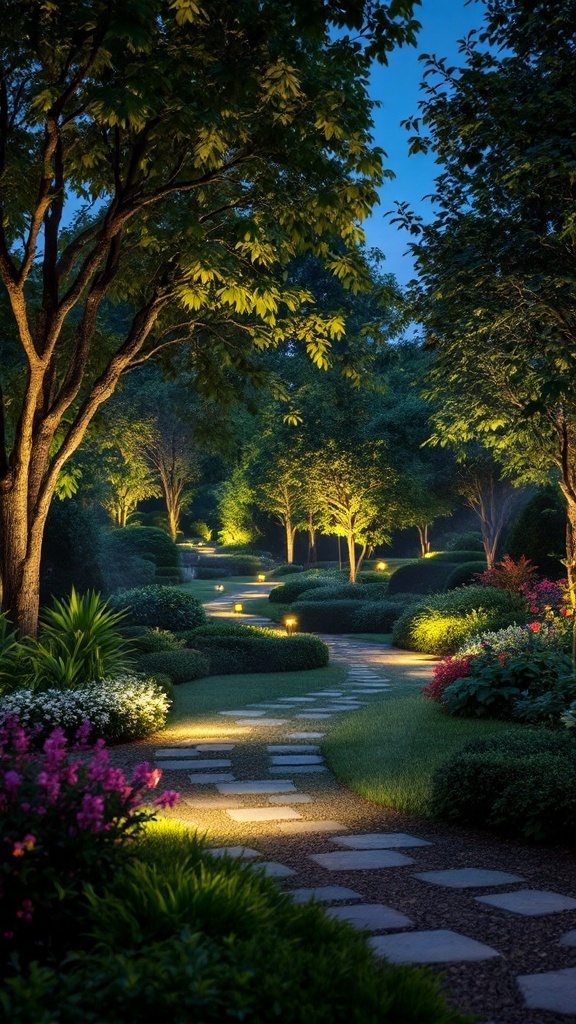 A well-lit garden path with LED spotlights highlighting trees and flowers at night.