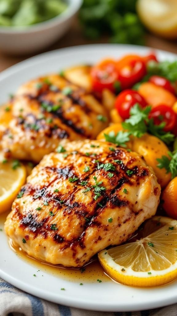 Grilled chicken thighs with lemon and herbs served with vegetables