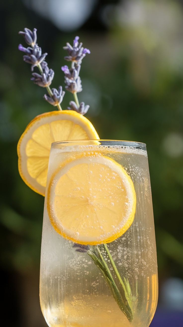 A refreshing Lemon Lavender Fizz cocktail garnished with lemon slices and lavender sprigs