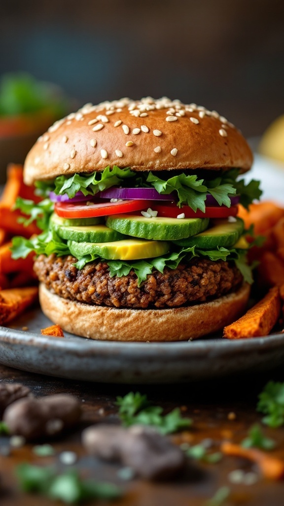 A delicious lentil burger with avocado and greens served in a bun.