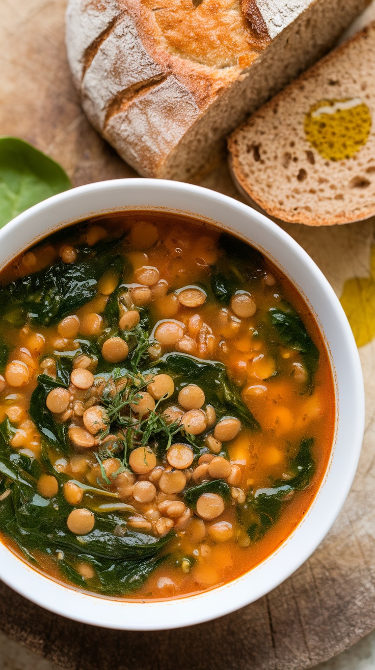 Bowl of lentil soup with spinach, garnished with herbs, alongside slices of bread.