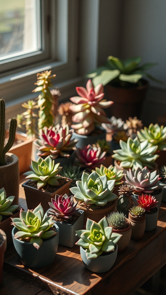 An array of colorful succulents in pots arranged by a window, showcasing various shapes and sizes.