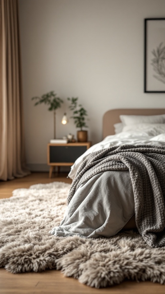 Plush area rug in a luxury bedroom setting with a cozy bed and modern decor.