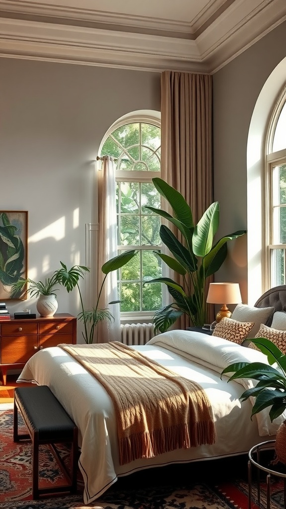 A modern luxury bedroom filled with lush indoor plants, featuring a light-colored bed and large windows.