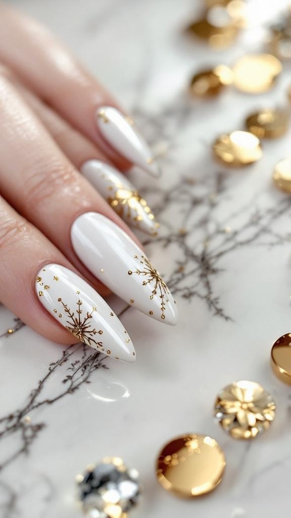 A close-up of manicured nails featuring a nude base with gold foil accents, resting on a glass table.