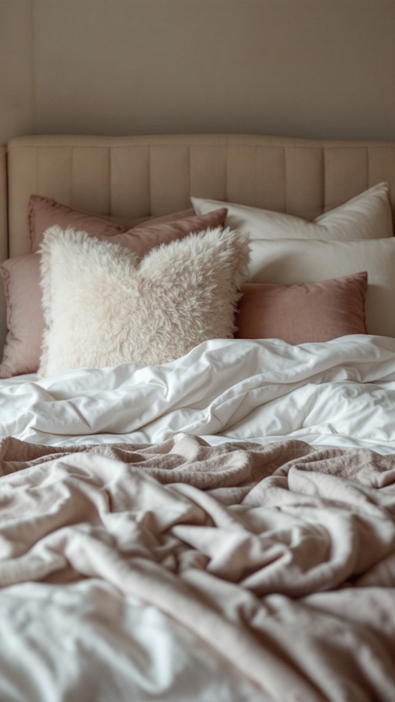 Luxurious bedding layers with soft pillows and blankets