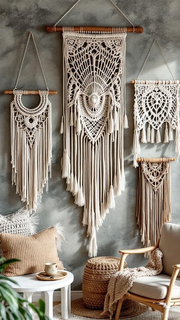 A collection of macramé wall hangings in various sizes and designs, displayed on a textured wall.