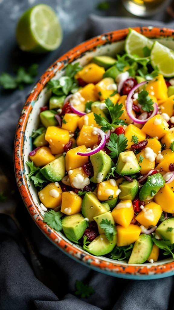 A vibrant mango and avocado salad with lime dressing, garnished with cilantro and pomegranate seeds.