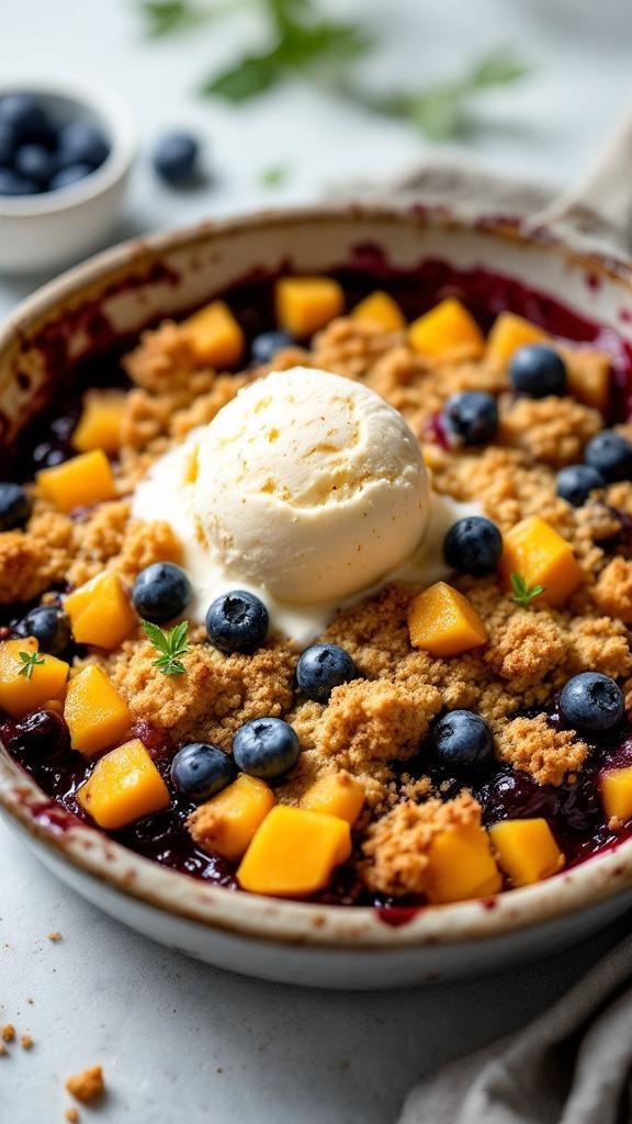 A delicious mango and blueberry crumble topped with ice cream.