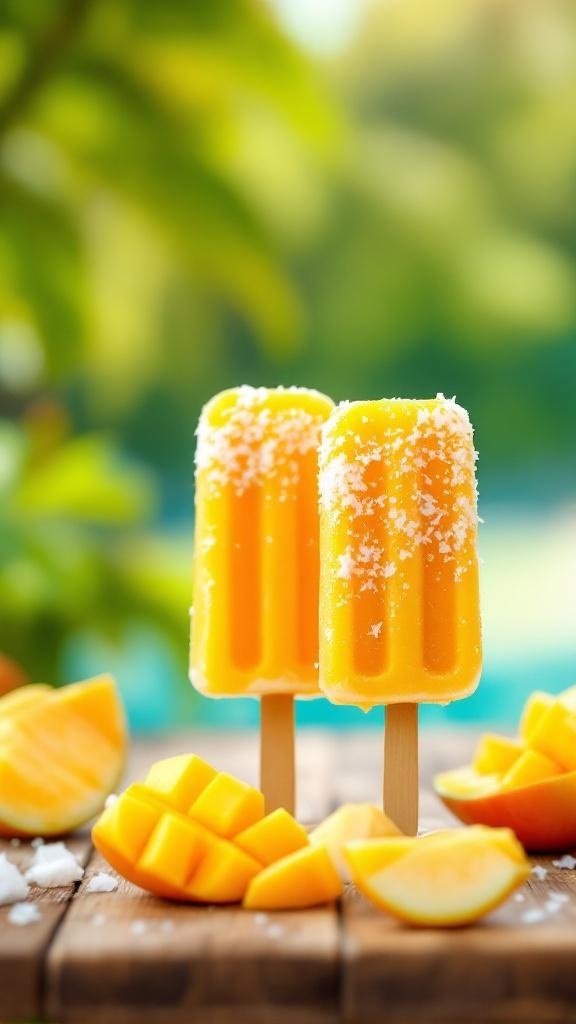 Two mango and coconut popsicles with diced mango and shredded coconut around them
