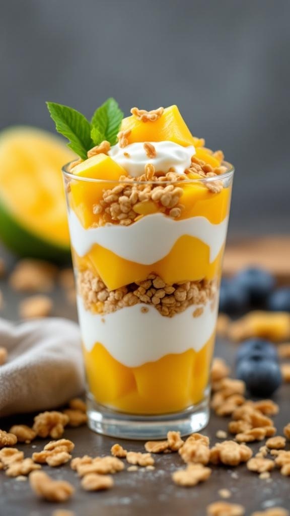 A delicious mango and lime parfait with layers of yogurt, granola, and fresh mango chunks.