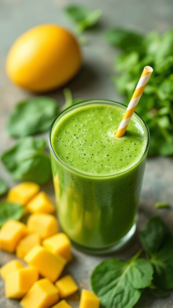 A refreshing mango and spinach smoothie in a glass with a yellow straw.