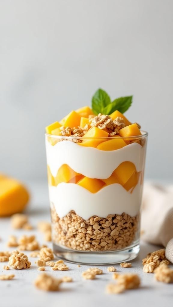 A delicious mango and yogurt parfait layered with granola in a glass.