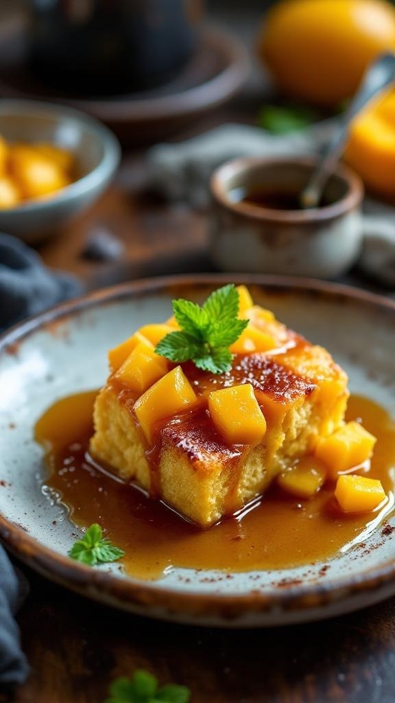 A slice of mango bread pudding topped with diced mango and mint leaves, served with a rum sauce.