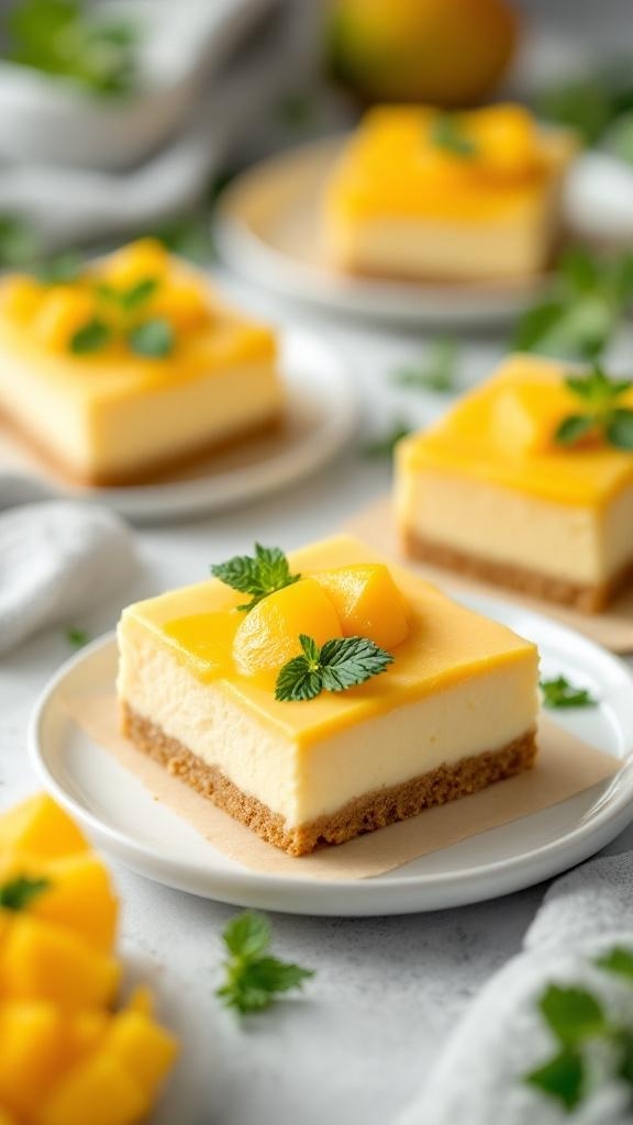 Delicious mango cheesecake bars topped with fresh mango and mint leaves on a white plate.