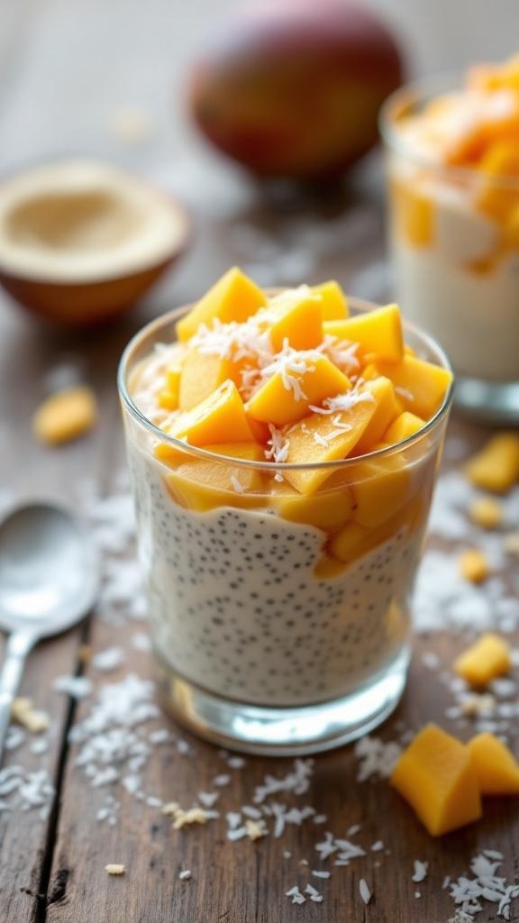 A glass of mango coconut chia pudding topped with fresh mango cubes and shredded coconut.