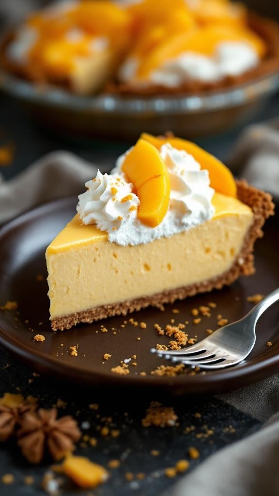A slice of mango cream pie with whipped cream and mango slices on top, served on a brown plate.