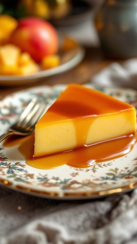 A slice of mango flan topped with caramel sauce on a decorative plate.