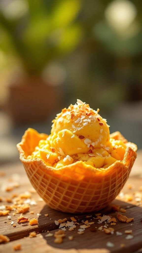 A bowl of mango ice cream topped with toasted coconut