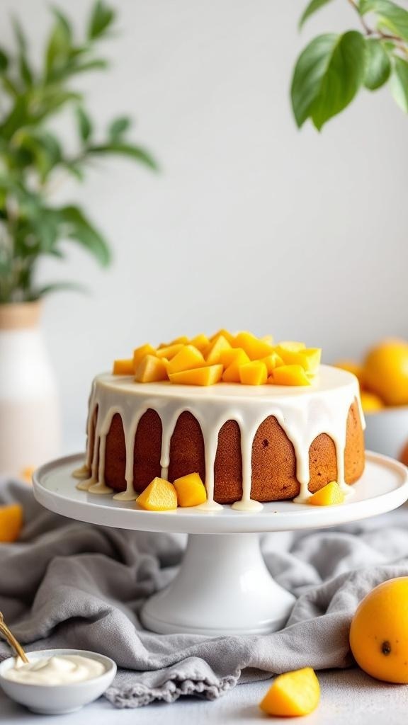 A beautifully decorated mango lassi cake topped with fresh mango chunks and a creamy frosting.