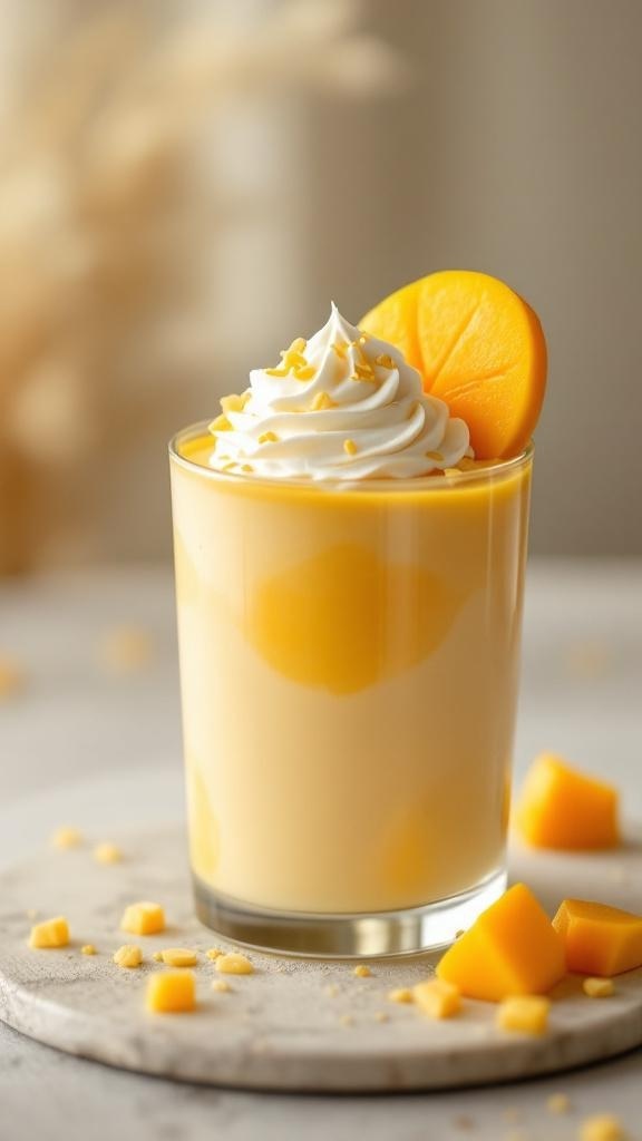A glass of mango mousse topped with whipped cream and a slice of mango.
