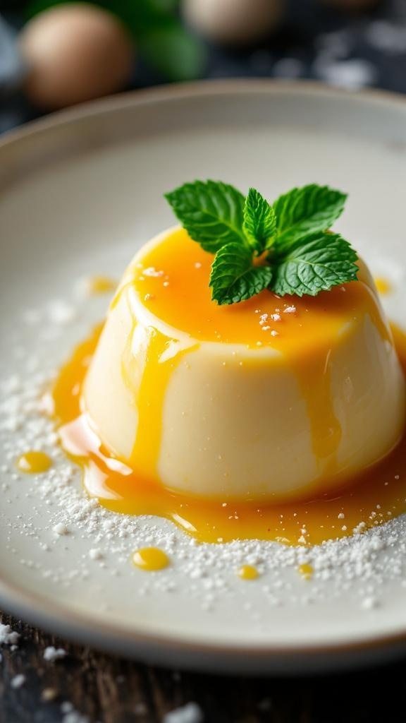 A beautiful serving of Mango Panna Cotta topped with passion fruit sauce and mint leaves.