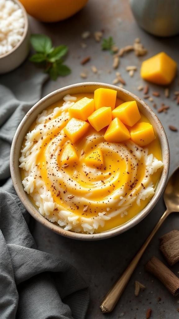 A bowl of mango rice pudding topped with diced mango and sprinkled with cardamom.