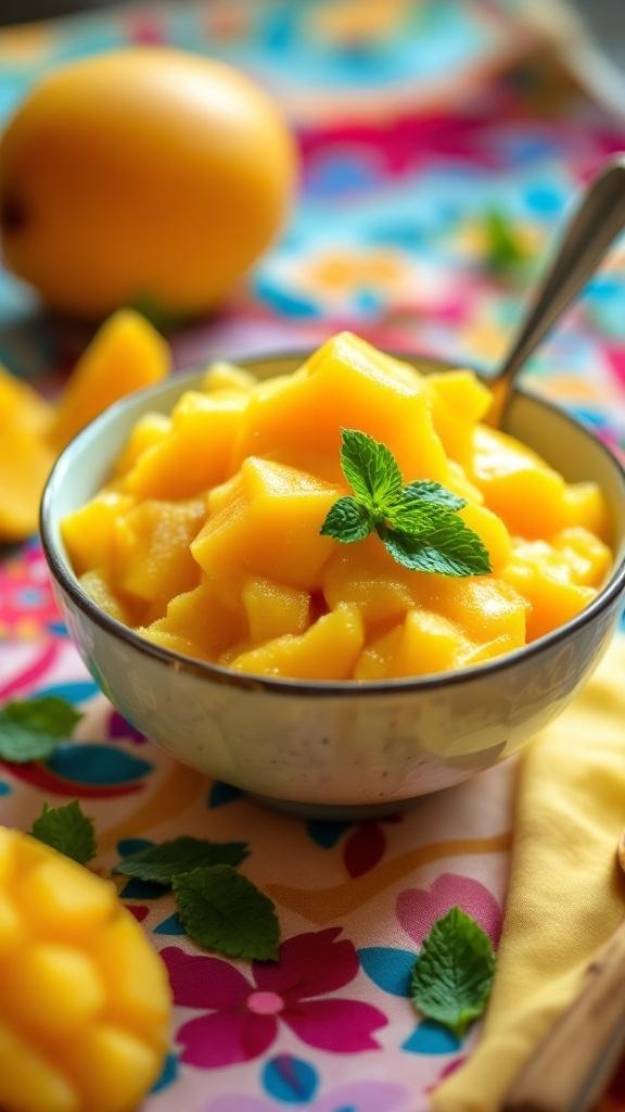 A bowl of mango sorbet topped with mint leaves, surrounded by fresh mango and mint on a colorful tablecloth.