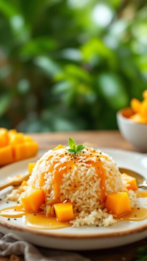 A plate of mango sticky rice topped with coconut sauce and fresh mango slices.