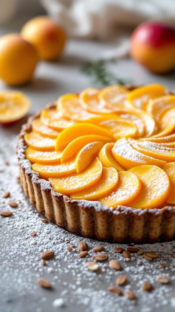 A beautifully arranged mango tart with an almond crust, topped with fresh mango slices and dusted with powdered sugar.