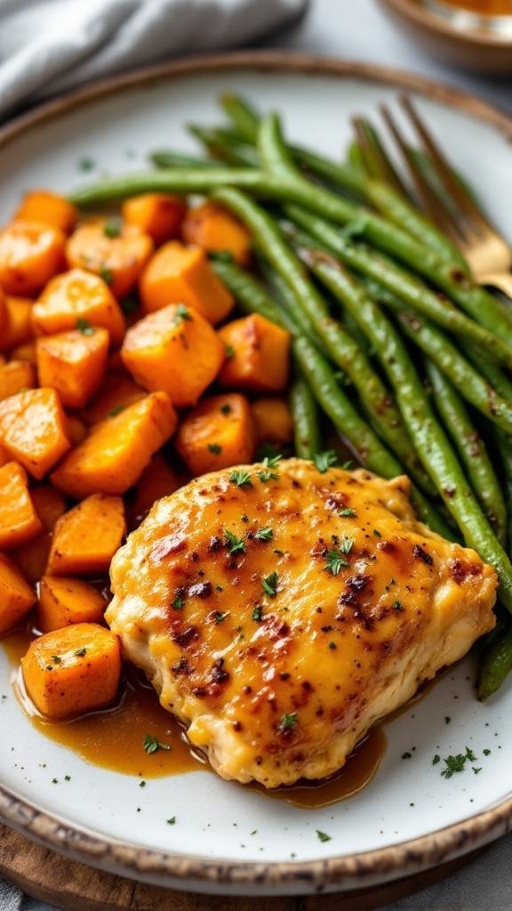 Maple Mustard Glazed Chicken Thighs with roasted sweet potatoes and green beans on a plate