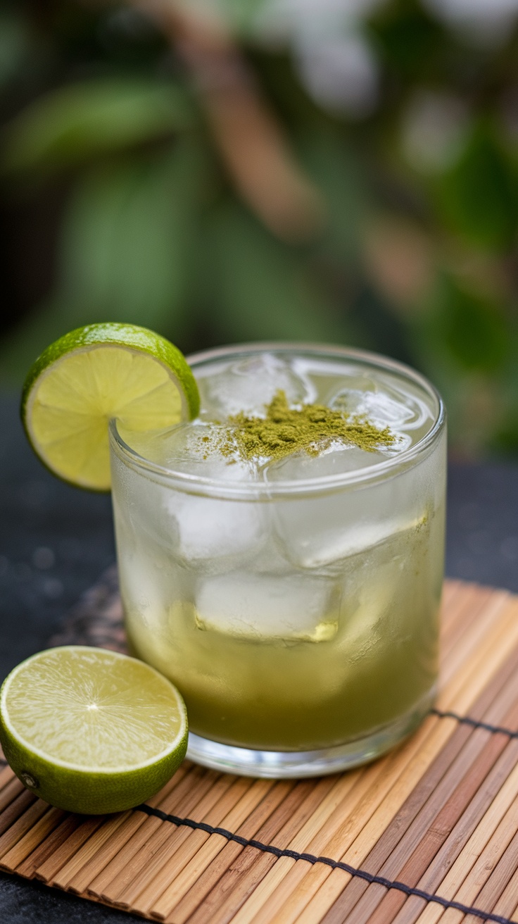 A refreshing matcha green tea cocktail garnished with lime slices.