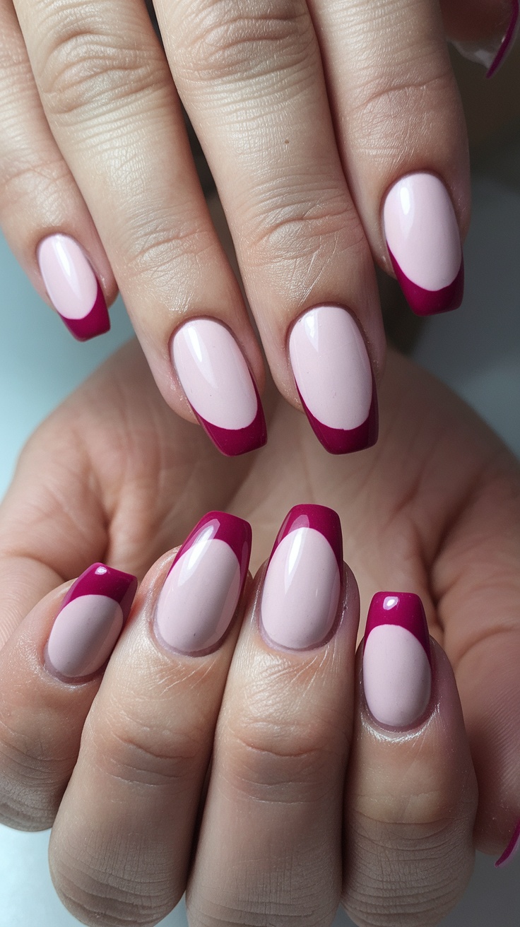 A hand showing nails with matte finish and glossy tips in pink, white, and black.
