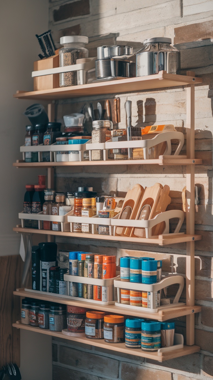 A neatly organized tiered shelf with various spices and kitchen tools in a bright kitchen setting.