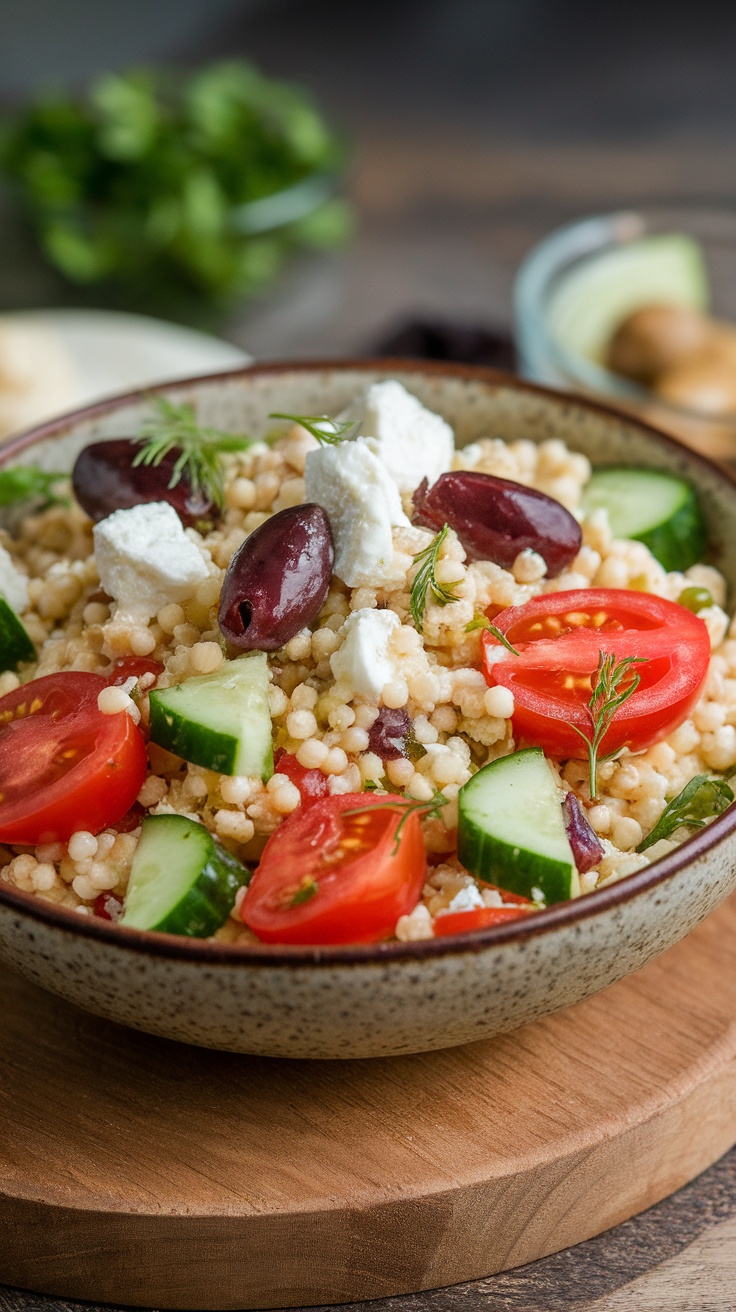 A bowl of Mediterranean Couscous Salad with cherry tomatoes, cucumbers, olives, and feta cheese.