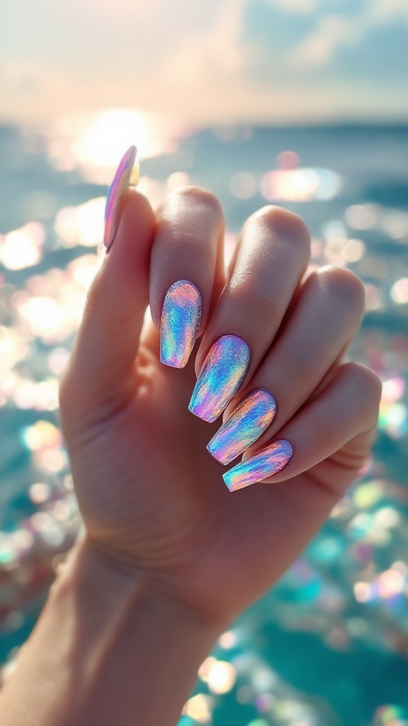Close-up of a hand with iridescent mermaid-inspired nails against a shimmering water background.
