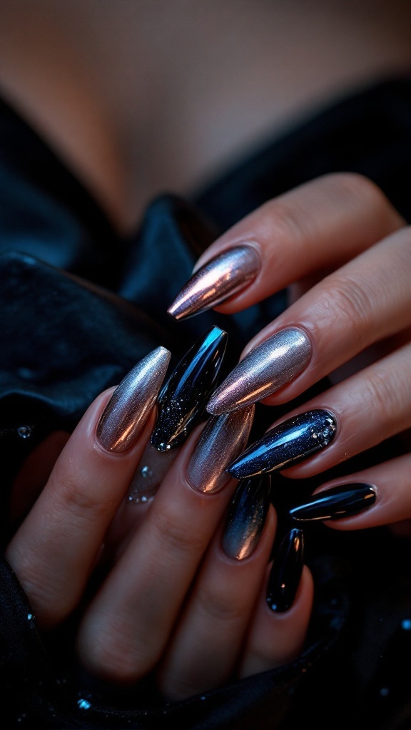 A hand with metallic nails showing off against a background of twinkling lights and people.