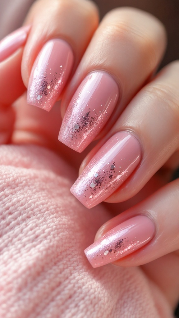 Close-up of pink nails with metallic foil accents and glitter